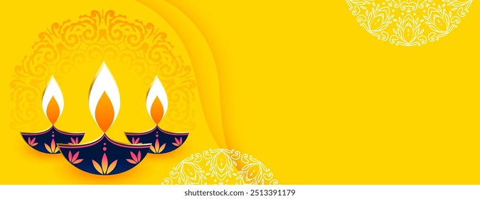 artistic shubh diwali diya yellow wallpaper with text space vector
