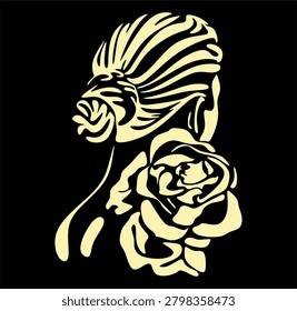 Artistic side view of a woman's face in shadow with a flower. Elegant vector illustration in pop art or linocut style, perfect for beauty, cosmetics, fashion branding and modern posters. Hand drawn without artificial intelligence.