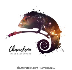 Artistic silhouette of animal chameleon on open space background.
