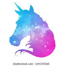 Artistic silhouette of fantasy animal unicorn on open space background. Hipster animal illustration.