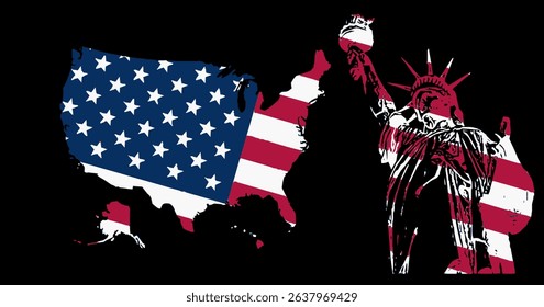 Artistic silhouette of Liberty with USA map and flag colors. A bold freedom symbol.