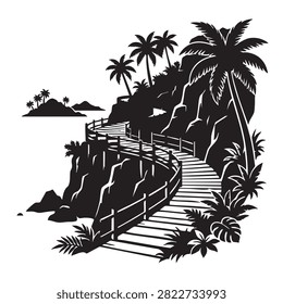 Artistic silhouette vector graphic showing winding wooden path atop rocky cliff overlooking calm ocean water surrounded by lush tropical vegetation palm trees and distant islands perfect for travel brochures nature themed website backgrounds outdoor adventure marketing materials or scenic decor projects.