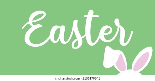 Artistic simple banner with Easter text and white bunny ears on green background