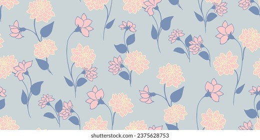 Artistic simple branches flowers peonies, dahlia and buds with leaves seamless pattern. Vector hand drawn. Retro, vintage, pastel print. Template for design, fabric, fashion, wallpaper, textile