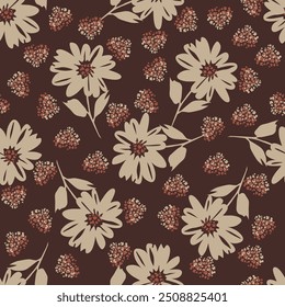Artistic simple branches flowers peonies, dahlia and buds with leaves seamless pattern. Vector hand drawn. Retro, vintage, pastel print. Template for design, fabric, fashion, wallpaper, textile