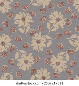 Artistic simple branches flowers peonies, dahlia and buds with leaves seamless pattern. Vector hand drawn. Retro, vintage, pastel print. Template for design, fabric, fashion, wallpaper, textile