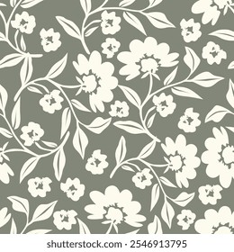 Artistic simple branches flowers peonies, dahlia and buds with leaves seamless pattern. Vector hand drawn. Retro, vintage, pastel print. Template for design, fabric, fashion, wallpaper, textile