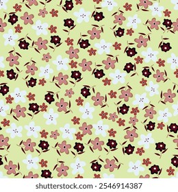 Artistic simple branches flowers peonies, dahlia and buds with leaves seamless pattern. Vector hand drawn. Retro, vintage, pastel print. Template for design, fabric, fashion, wallpaper, textile
