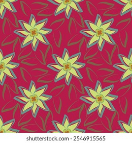Artistic simple branches flowers peonies, dahlia and buds with leaves seamless pattern. Vector hand drawn. Retro, vintage, pastel print. Template for design, fabric, fashion, wallpaper, textile
