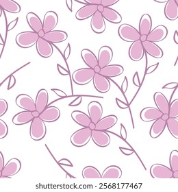 Artistic simple branches flowers peonies, dahlia and buds with leaves seamless pattern. Vector hand drawn. Retro, vintage, pastel print. Template for design, fabric, fashion, wallpaper, textile