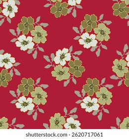 Artistic simple branches flowers peonies, dahlia and buds with leaves seamless pattern. Vector hand drawn. Retro, vintage, pastel print. Template for design, fabric, fashion, wallpaper, textile