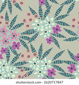 Künstlerische einfache Zweige Blumen Pfingstrosen, Dahlie und Knospen mit Blättern nahtlose Muster. Vektorhandgezeichnet. Retro, Vintage, Pastelldruck. Vorlage für Design, Stoff, Mode, Tapete, Textil