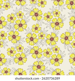 Artistieke eenvoudige takken bloemen pioenen, dahlia en knoppen met bladeren naadloos patroon. Vector hand getekend. Retro, vintage, pastelprint. Sjabloon voor ontwerp, stof, mode, behang, textiel