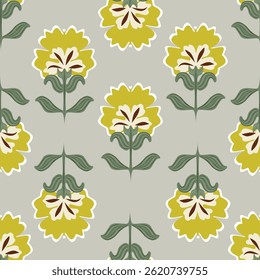 Artistic simple branches flowers peonies, dahlia and buds with leaves seamless pattern. Vector hand drawn. Retro, vintage, pastel print. Template for design, fabric, fashion, wallpaper, textile