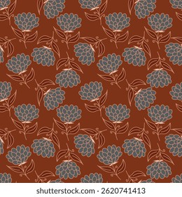 Artistieke eenvoudige takken bloemen pioenen, dahlia en knoppen met bladeren naadloos patroon. Vector hand getekend. Retro, vintage, pastelprint. Sjabloon voor ontwerp, stof, mode, behang, textiel