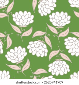 Artistic simple branches flowers peonies, dahlia and buds with leaves seamless pattern. Vector hand drawn. Retro, vintage, pastel print. Template for design, fabric, fashion, wallpaper, textile