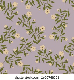 Artistieke eenvoudige takken bloemen pioenen, dahlia en knoppen met bladeren naadloos patroon. Vector hand getekend. Retro, vintage, pastelprint. Sjabloon voor ontwerp, stof, mode, behang, textiel