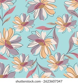 Artistic simple branches flowers peonies, dahlia and buds with leaves seamless pattern. Vector hand drawn. Retro, vintage, pastel print. Template for design, fabric, fashion, wallpaper, textile