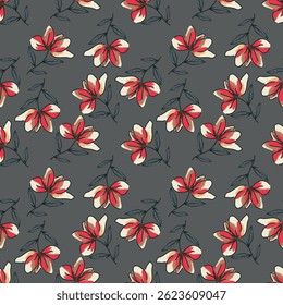 Artistic simple branches flowers peonies, dahlia and buds with leaves seamless pattern. Vector hand drawn. Retro, vintage, pastel print. Template for design, fabric, fashion, wallpaper, textile