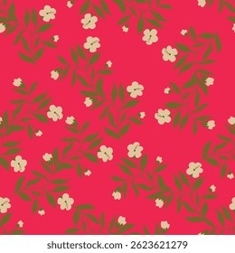 Artistic simple branches flowers peonies, dahlia and buds with leaves seamless pattern. Vector hand drawn. Retro, vintage, pastel print. Template for design, fabric, fashion, wallpaper, textile