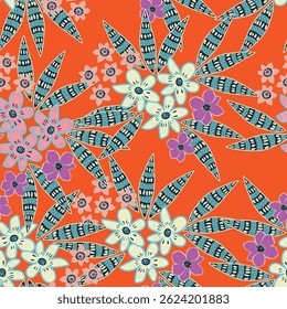 Artistic simple branches flowers peonies, dahlia and buds with leaves seamless pattern. Vector hand drawn. Retro, vintage, pastel print. Template for design, fabric, fashion, wallpaper, textile
