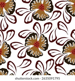 Artistic simple branches flowers peonies, dahlia and buds with leaves seamless pattern. Vector hand drawn. Retro, vintage, pastel print. Template for design, fabric, fashion, wallpaper, textile