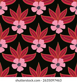 Artistic simple branches flowers peonies, dahlia and buds with leaves seamless pattern. Vector hand drawn. Retro, vintage, pastel print. Template for design, fabric, fashion, wallpaper, textile
