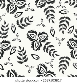 Artistic simple branches flowers peonies, dahlia and buds with leaves seamless pattern. Vector hand drawn. Retro, vintage, pastel print. Template for design, fabric, fashion, wallpaper, textile