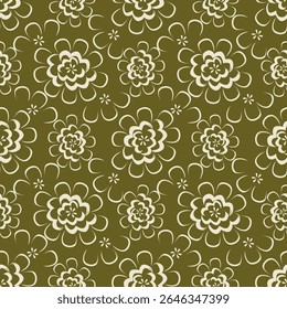 Artistic simple branches flowers peonies, dahlia and buds with leaves seamless pattern. Vector hand drawn. Retro, vintage, pastel print. Template for design, fabric, fashion, wallpaper, textile
