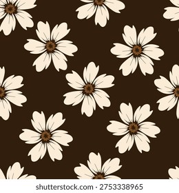 Artistic simple branches flowers peonies, dahlia and buds with leaves seamless pattern. Vector hand drawn. Retro, vintage, pastel print. Template for design, fabric, fashion, wallpaper, textile