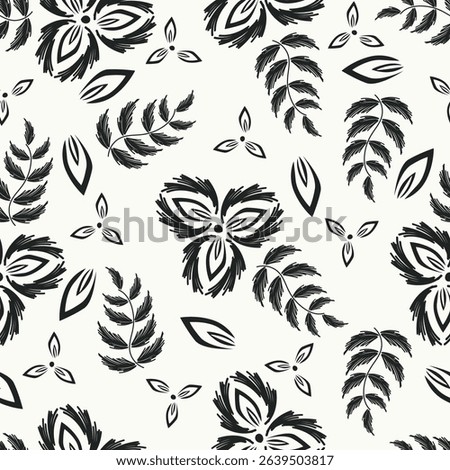Artistic simple branches flowers peonies, dahlia and buds with leaves seamless pattern. Vector hand drawn. Retro, vintage, pastel print. Template for design, fabric, fashion, wallpaper, textile
