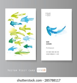 Artistic simple business card vector template, with watercolor arrows on white background