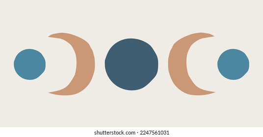 Artistic simple modern abstraction in boho style with an astrological theme: geometric shapes, circles and moon on a colored background