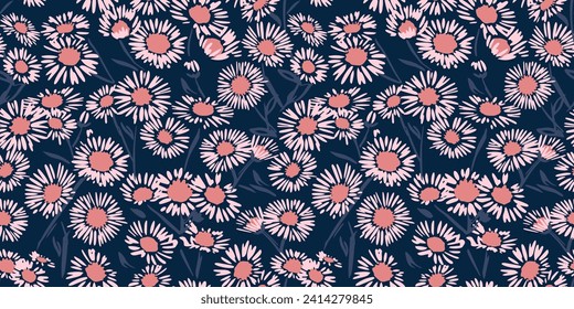 Artistic simple seamless pattern with chamomiles floral. Vector hand drawn sketch. Blooming meadow background with textured shape ditsy flowers. Design for fashion, fabric, and textile.