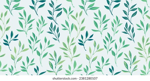 Artistic simple tiny leaf branches seamless pattern. Green leaves on a white background. Vector hand drawn. Template for design, textile, fashion, surface design, fabric, interior decor, wallpaper