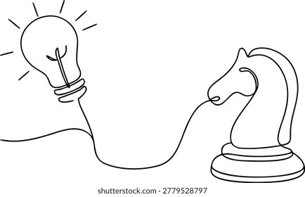 Artistic single line drawing of chess horse knight linked to lightbulb, concept of tactical planning and genius.