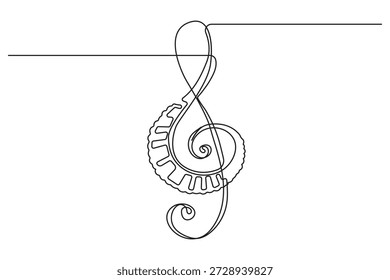 Artistic single line drawing featuring a treble clef symbol that seamlessly transitions into the pattern of piano keys.