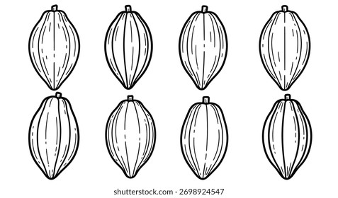 Coleção de esboços artísticos de oito variedades diversas de cacau pod em um vetor de layout de grade