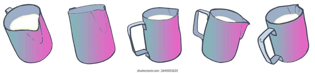 Artistic Sketch Collection of Milk Steaming Jugs for Coffee, Latte Art, and Cafe Beverage Design