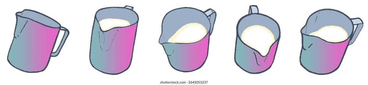 Artistic Sketch Collection of Milk Steaming Jugs for Coffee, Latte Art, and Cafe Beverage Design