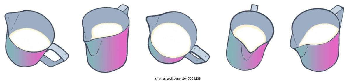 Artistic Sketch Collection of Milk Steaming Jugs for Coffee, Latte Art, and Cafe Beverage Design