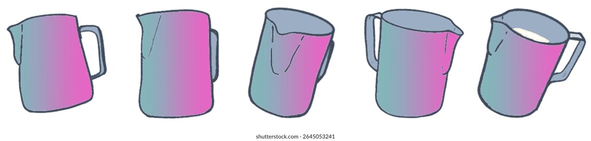 Artistic Sketch Collection of Milk Steaming Jugs for Coffee, Latte Art, and Cafe Beverage Design