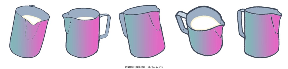 Artistic Sketch Collection of Milk Steaming Jugs for Coffee, Latte Art, and Cafe Beverage Design