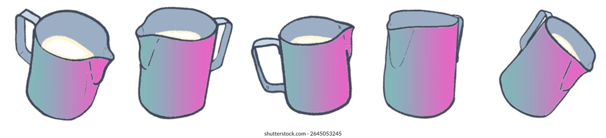 Artistic Sketch Collection of Milk Steaming Jugs for Coffee, Latte Art, and Cafe Beverage Design
