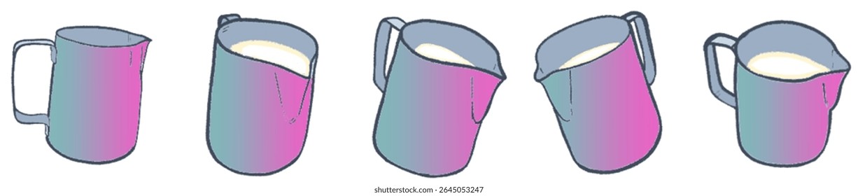 Artistic Sketch Collection of Milk Steaming Jugs for Coffee, Latte Art, and Cafe Beverage Design