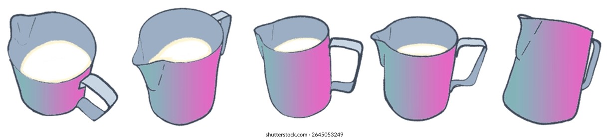 Artistic Sketch Collection of Milk Steaming Jugs for Coffee, Latte Art, and Cafe Beverage Design
