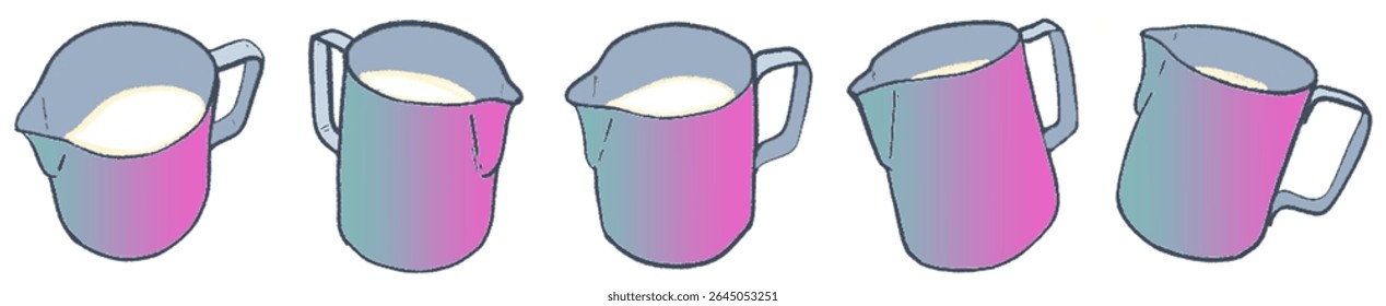 Artistic Sketch Collection of Milk Steaming Jugs for Coffee, Latte Art, and Cafe Beverage Design