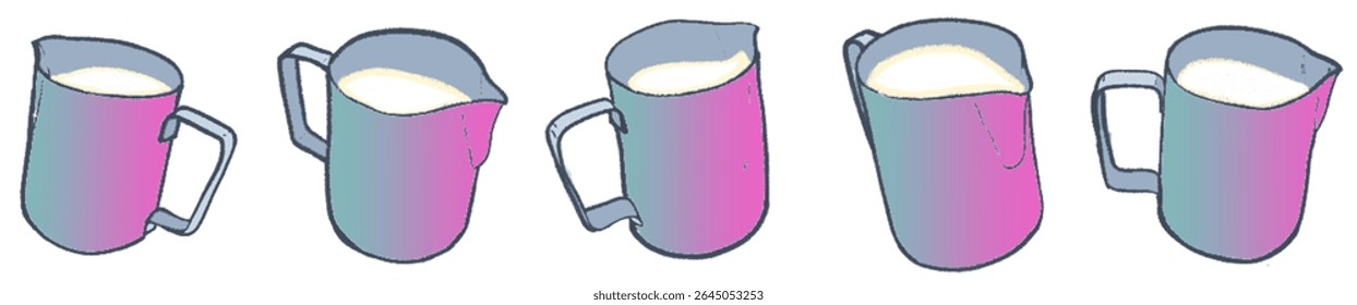 Artistic Sketch Collection of Milk Steaming Jugs for Coffee, Latte Art, and Cafe Beverage Design