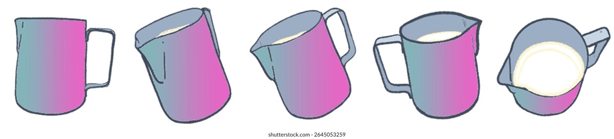 Artistic Sketch Collection of Milk Steaming Jugs for Coffee, Latte Art, and Cafe Beverage Design
