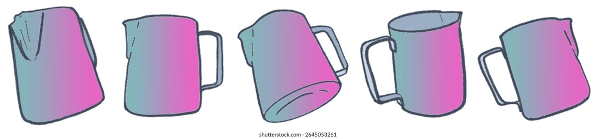 Artistic Sketch Collection of Milk Steaming Jugs for Coffee, Latte Art, and Cafe Beverage Design
